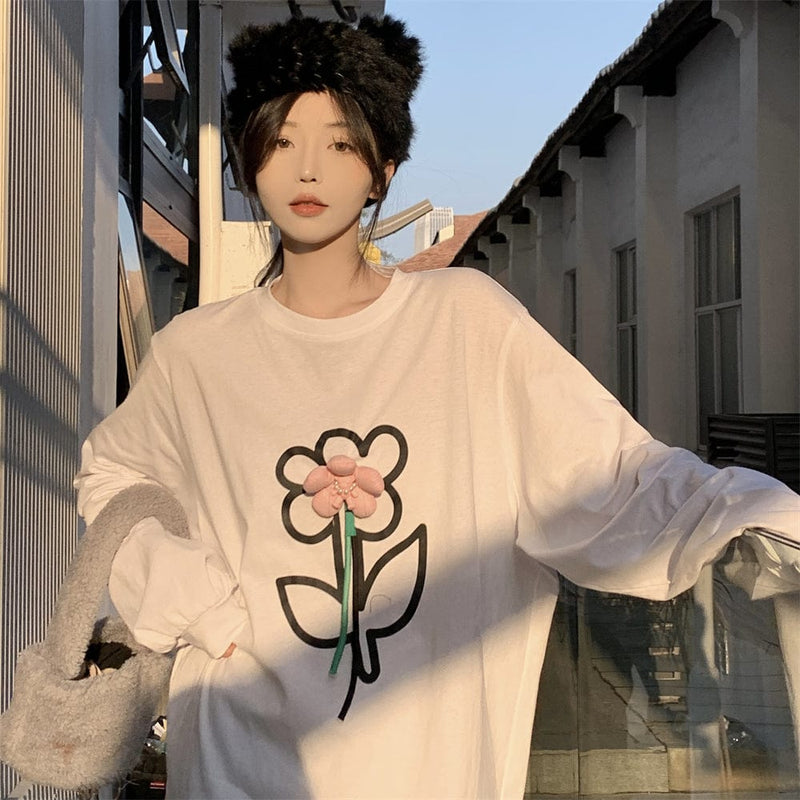 Kobine Women's Kawaii Stereo Floral Loose T-shirt