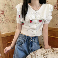 Kobine Women's Kawaii Strawberry Embroidered Doll Collar Knitted Tops