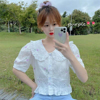 Kobine - Camisa blanca con cuello vuelto bordado de girasol Kawaii para mujer