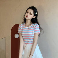 Kobine - Camiseta de punto con rayas de color de contraste de moda coreana para mujer