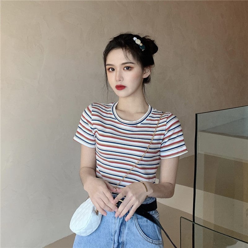Kobine - Camiseta de punto con rayas de color de contraste de moda coreana para mujer