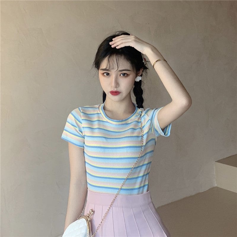 Kobine Women's Korean Fashion Contrast Color Stripes Knitted Top