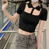 Kobine Women's Korean Fashion Cutout Knitted Short Sleeved Crop Top