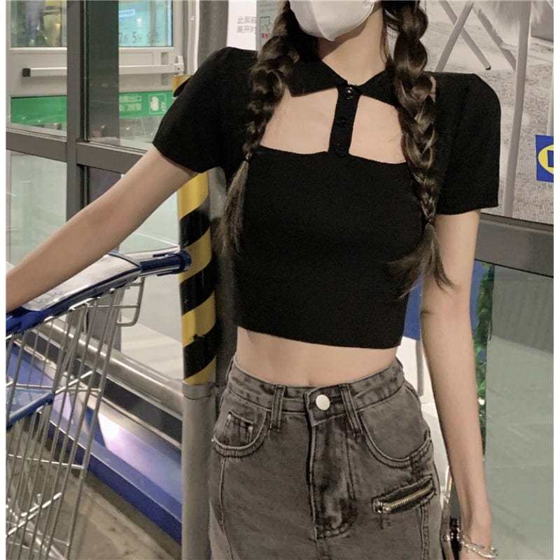 Kobine - Camiseta de manga corta de punto con recorte de moda coreana para mujer