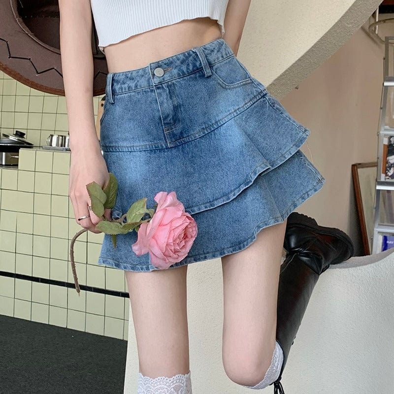 Kobine Women's Korean Fashion Double Layer Falbala Denim Skirt