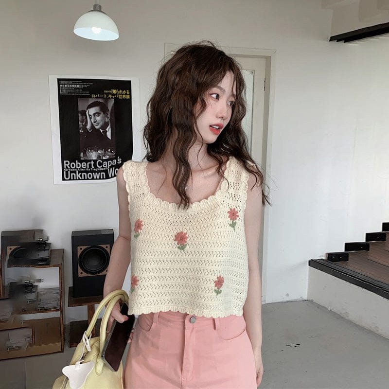Kobine Gilet en crochet floral à la mode coréenne pour femmes