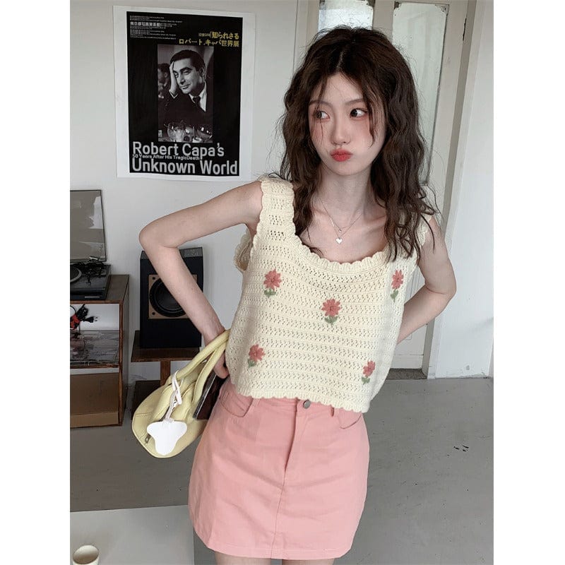 Kobine Women's Korean Fashion Floral Crochet Vest