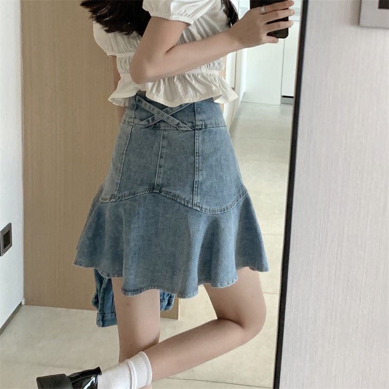 Kobine Jupe en jean taille haute à la mode coréenne pour femme