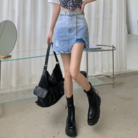 Kobine Falda de mezclilla rasgada con degradado de cintura alta de moda coreana para mujer