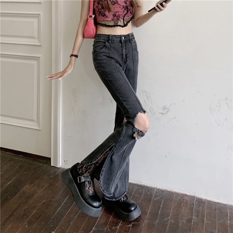 Kobine Women's Korean Fashion Knee Ripped High-waisted Denim Bell-bottoms