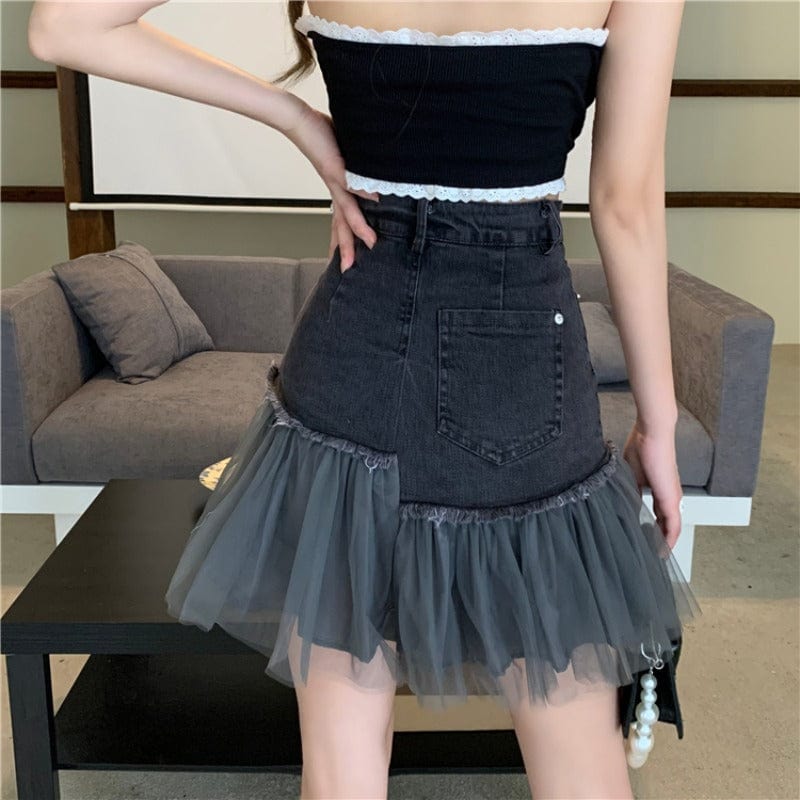 Kobine Women's Korean Fashion Multilayer Mesh Denim Splice Skirt