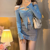 Kobine Women's Korean Fashion Off Shoulder Pinstripe Knitted Long Sleeved Crop Top
