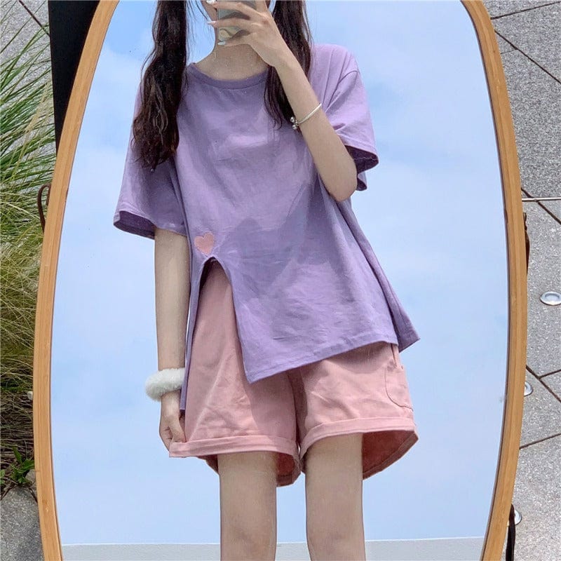 Kobine Women's Korean Fashion Side Slit Solid Color Casual Tee