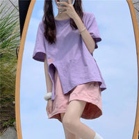 Kobine Women's Korean Fashion Side Slit Solid Color Casual Tee
