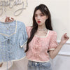 Kobine Women's Korean Fashion Square Collar Lacing-up Plaid Shirt