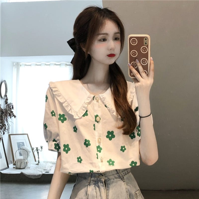 Kobine Women's Korean Floral Printed Peter Pan Collar Shirt