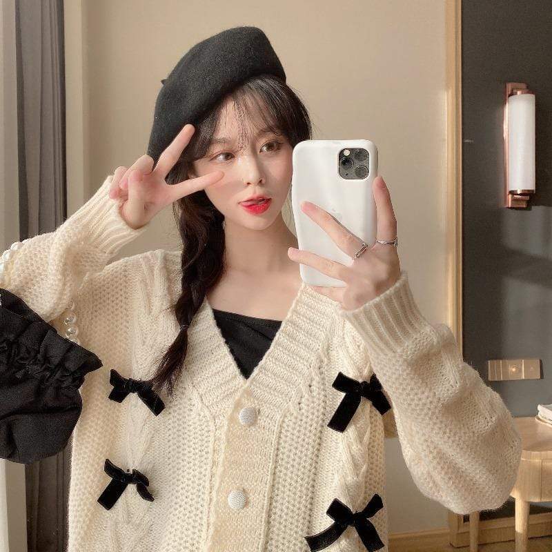 Women's Korean Style Bowknot Cable Knitted Cardigan – Kawaiifashion