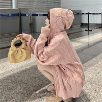 Abrigo de punto trenzado estilo coreano para mujer Kobine con capucha