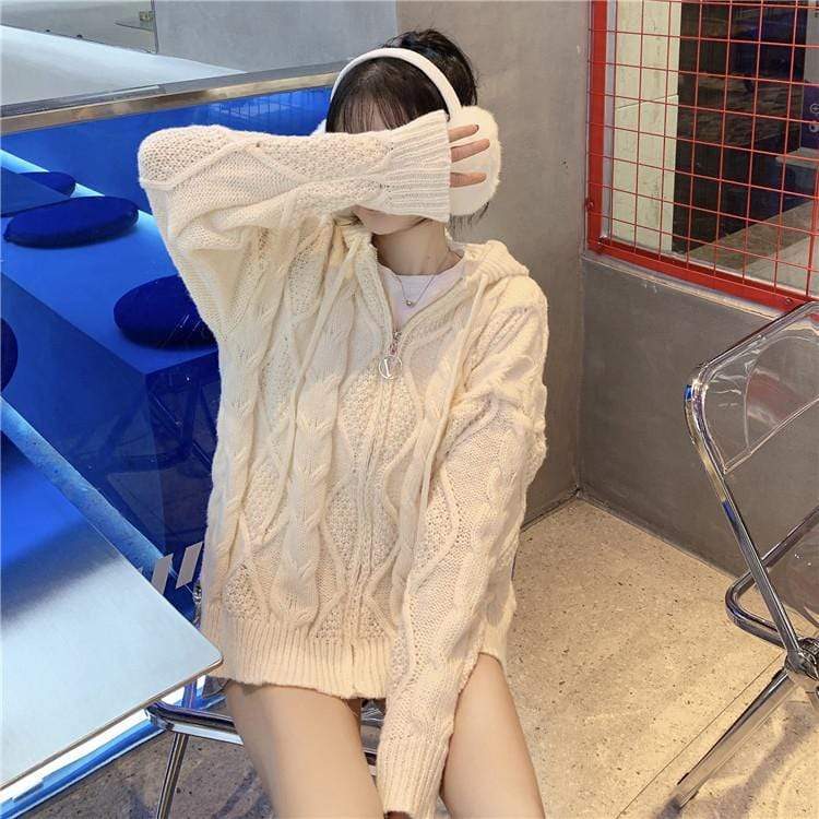 Abrigo de punto trenzado estilo coreano para mujer Kobine con capucha