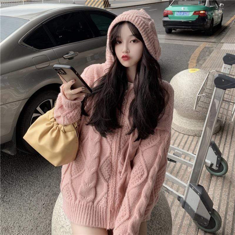 Kobine Women's Korean Style Cable Knitted Coat with Hood