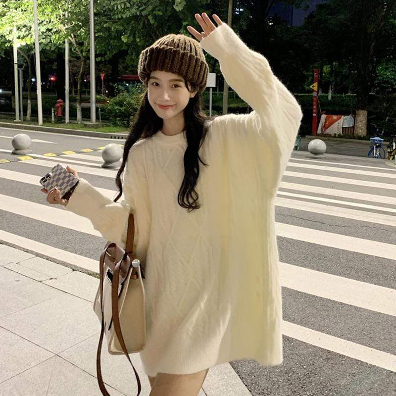 Kobine Women's Korean Style Cable Knitted Loose Sweater