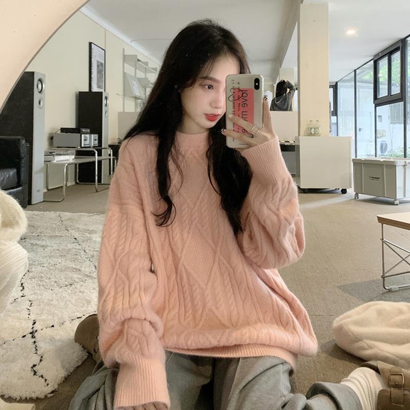 Kobine Women's Korean Style Cable Knitted Loose Sweater