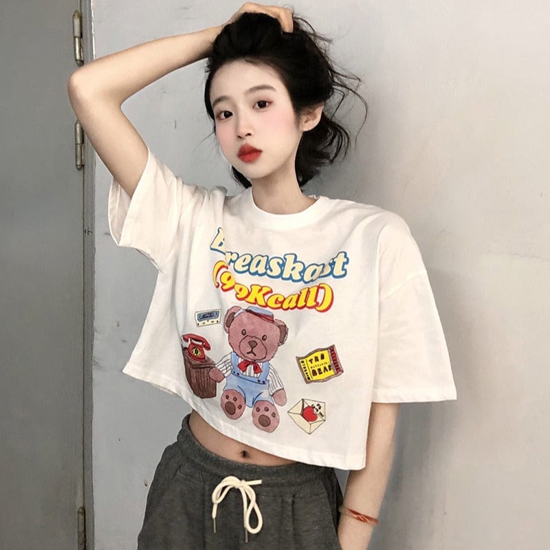 T-shirt corta da donna in stile coreano con orsetto Kobine