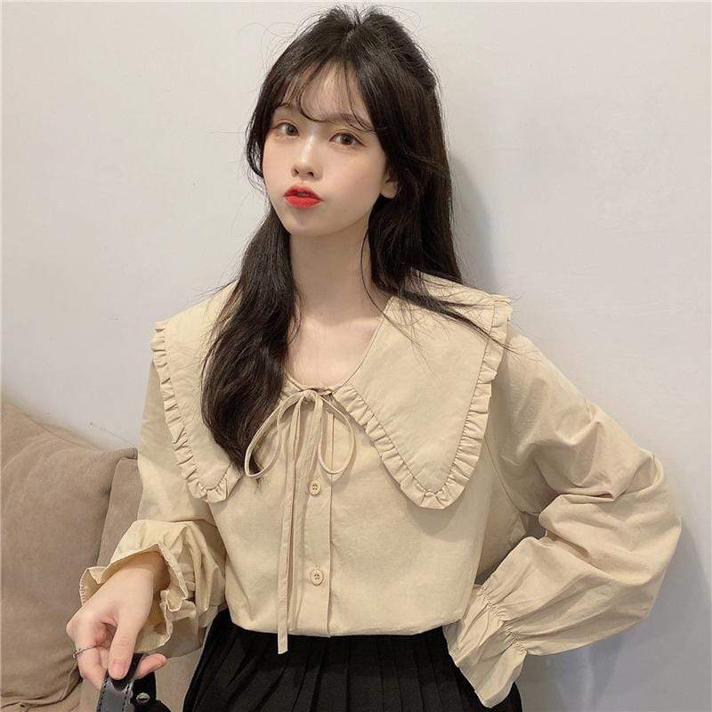 Kobine - Camisa de Falbala con cuello de muñeca de estilo coreano para mujer