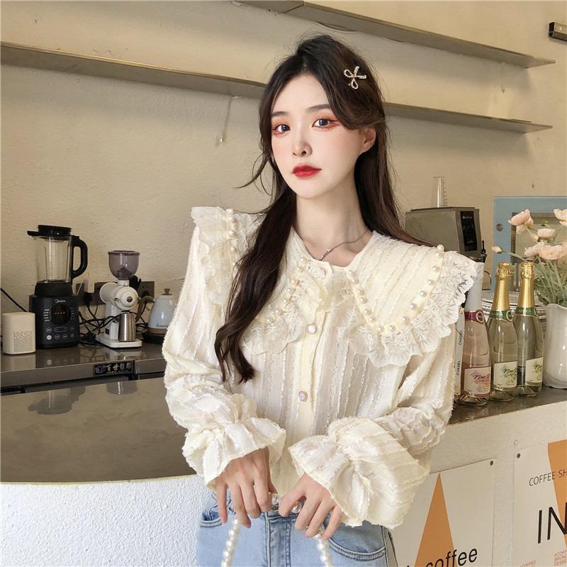 Kobine Women's Korean Style Doll Collar Lace Splice Shirt