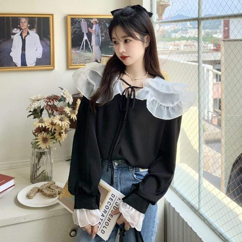 Kobine, camicia da donna in stile coreano con colletto a bambola con spalline