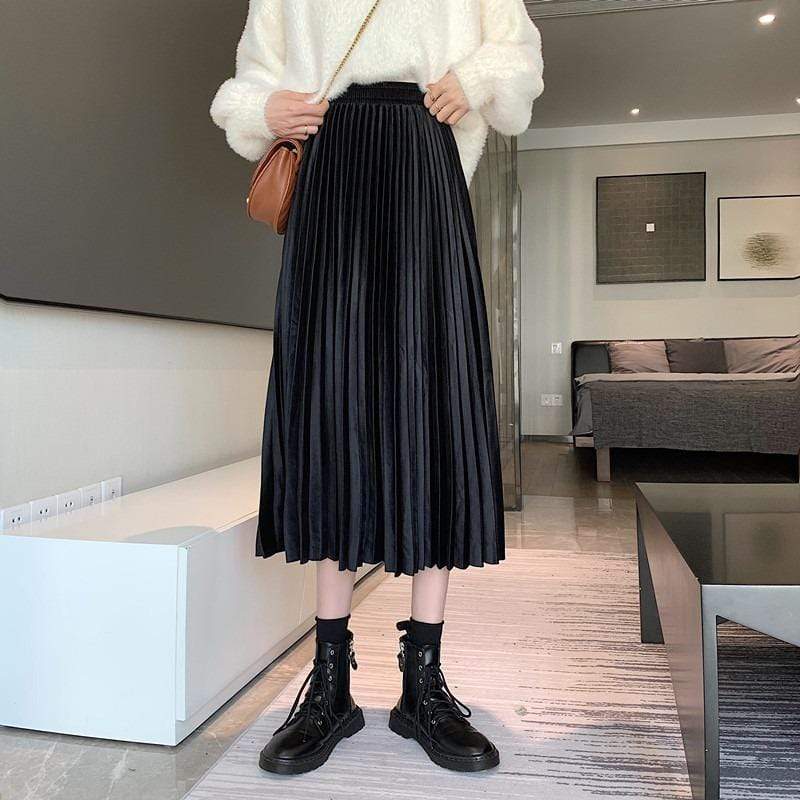 Kobine Women's Korean Style Elastic Velvet Long Pleated Skirt