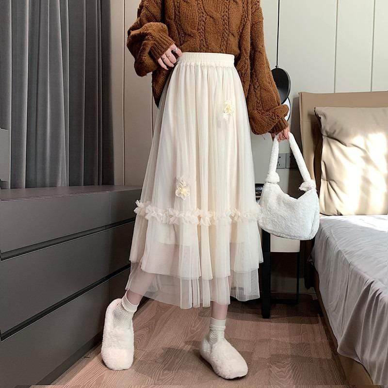 Kobine Women's Korean Style Falbala Splice Layered Long Skirt