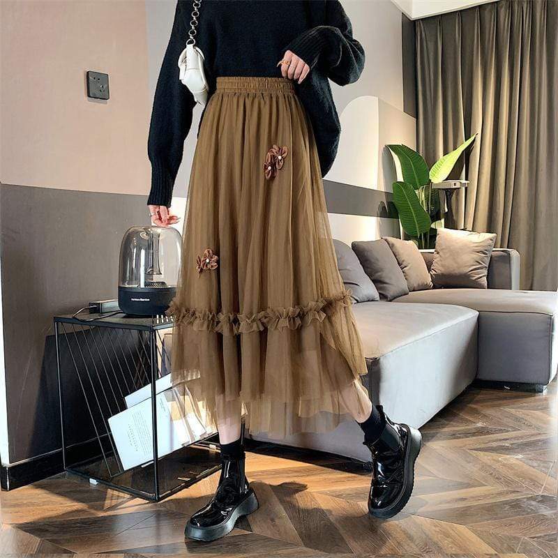 Kobine Women's Korean Style Falbala Splice Layered Long Skirt