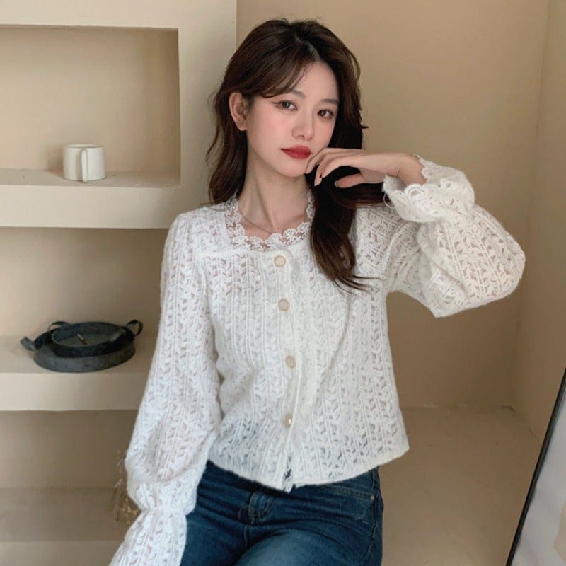 Kobine Women's Korean Style Flared Sleeved Lace Shirt