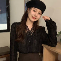 Kobine - Camisa de encaje con bordado floral estilo coreano para mujer