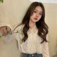 Kobine - Camisa de encaje con bordado floral estilo coreano para mujer