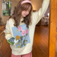 Kobine Women's Korean Style Floral Knitted Sweater