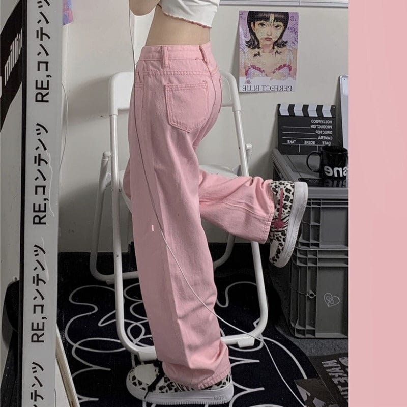 Kobine Women's Korean Style High-waisted Pink Straight Leg Jeans