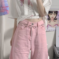 Kobine Women's Korean Style High-waisted Pink Straight Leg Jeans