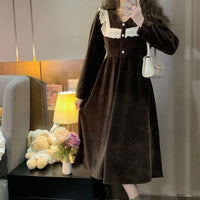 Vestido de pana con empalme de encaje estilo coreano de Kobine para mujer