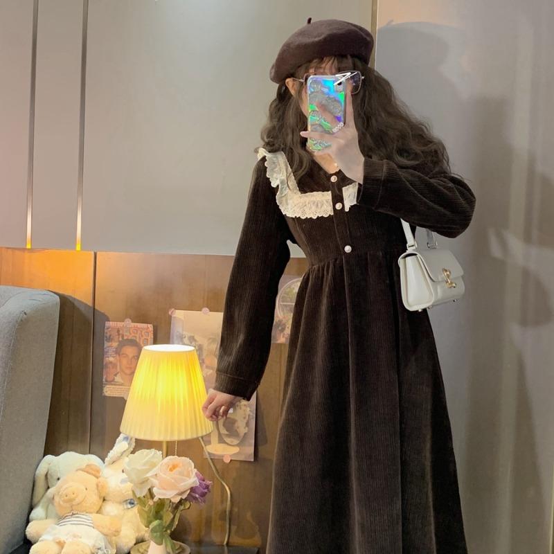 Vestido de pana con empalme de encaje estilo coreano de Kobine para mujer