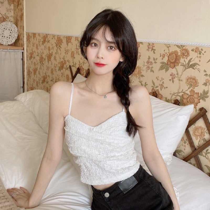 Camiseta sin mangas de malla con pliegues estilo coreano de Kobine para mujer
