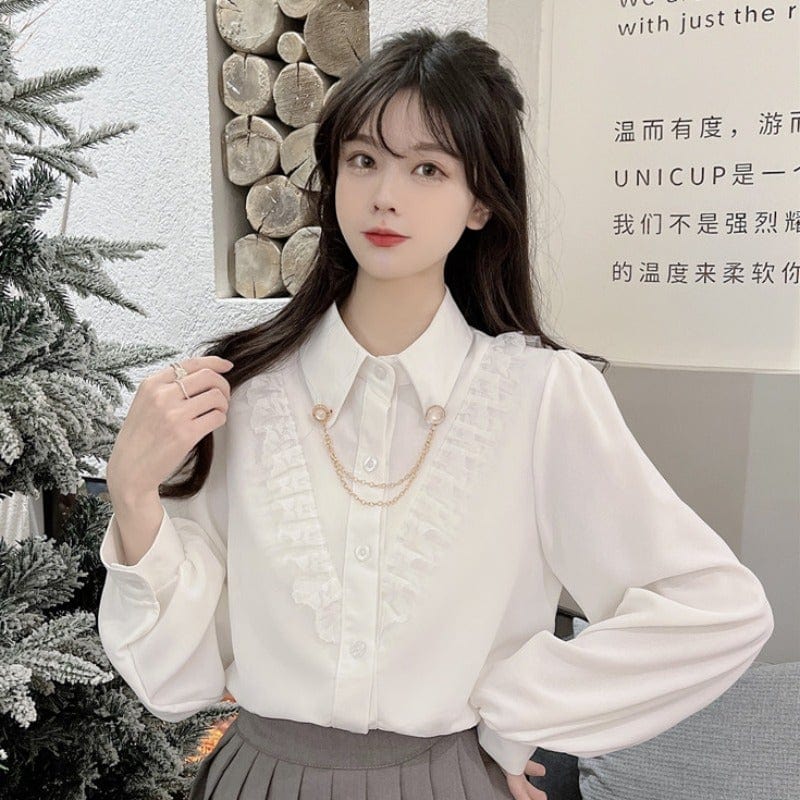 Kobine Women's Korean Style Ruffled Chained Shirt