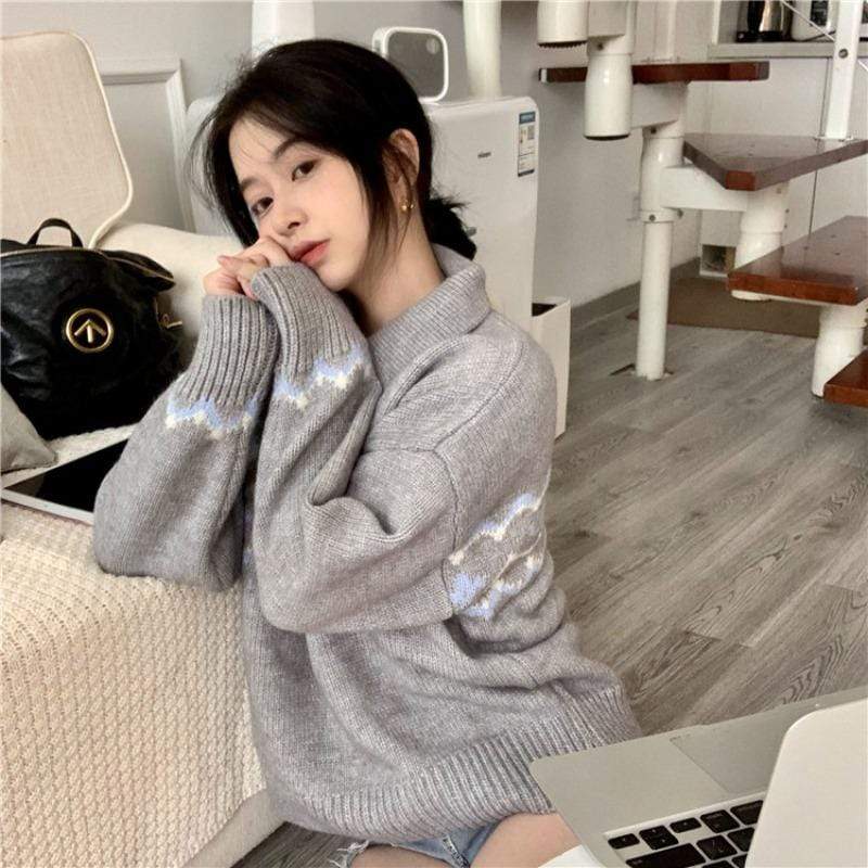 Kobine Women's Korean Style Turn-down Collar Sweater