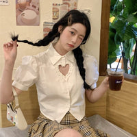 Kobine Women's Lolita Love Heart Cutout Puff Sleeved Shirt