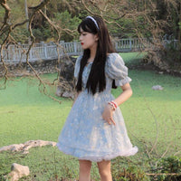 Kobine Women's Lolita Love Heart Puff Sleeved Princess Mesh Dress with Bustle