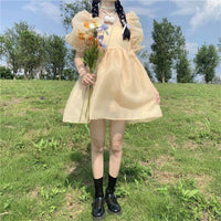 Kobine, vestiti in rete gialla con maniche a sbuffo con colletto quadrato Lolita da donna
