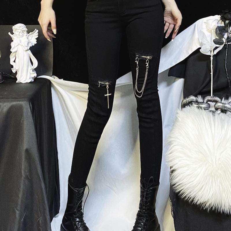 Kobine Punk - Pantalones de tubo de cintura alta rasgados con cadena para mujer