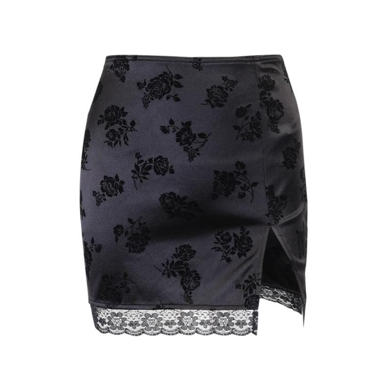 Kobine Women's Side Slit Black Rose Lace Hem A-line Skirts
