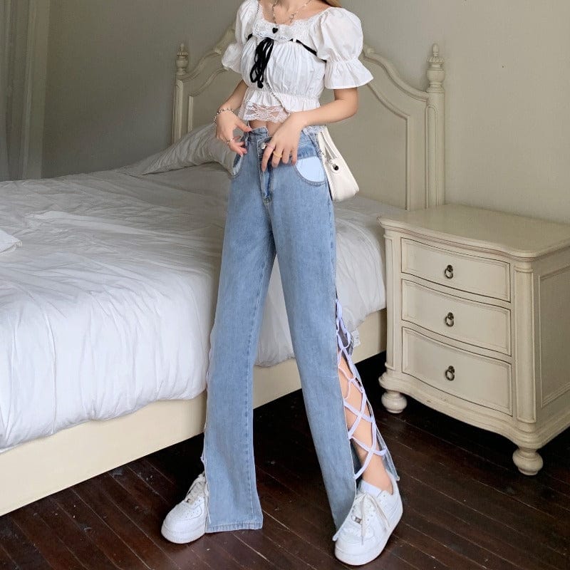 Женские джинсовые расклешенные брюки Kobine с высокой талией и боковой шнуровкой в ​​винтажном стиле